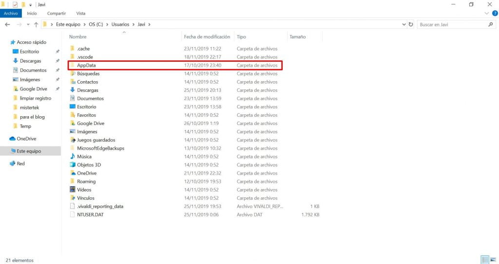 localización de appdata en Windows