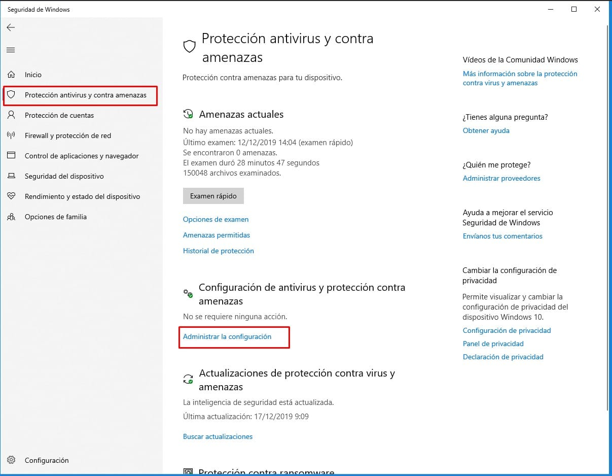 Administrar configuración de seguridad de windows