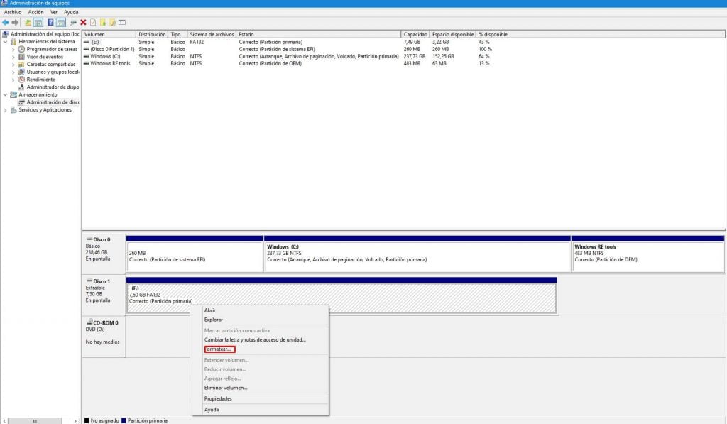 formatear unidad desde administrador de equipos