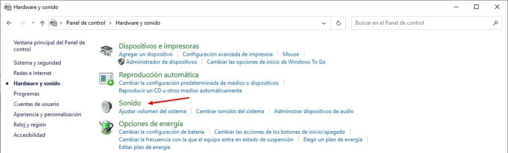 opciones de sonido de windows