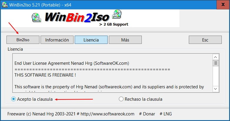 aceptar clausula licencia winbin2iso