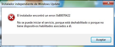 el instalador encontró un error 0x80070422