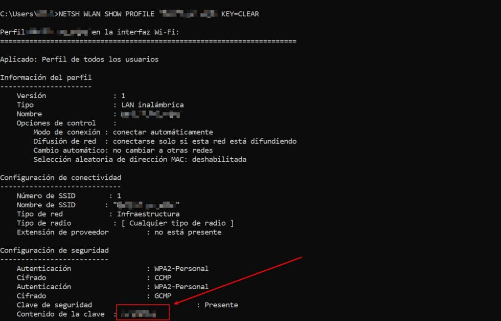 información perfil wifi cmd contenido de la clave
