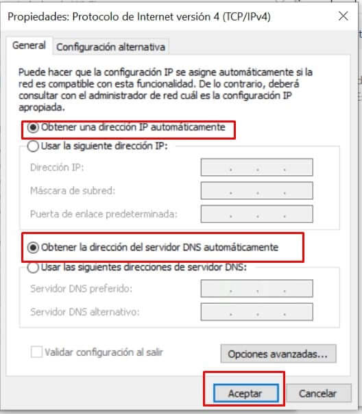 obtener dirección ip y dns automáticamente
