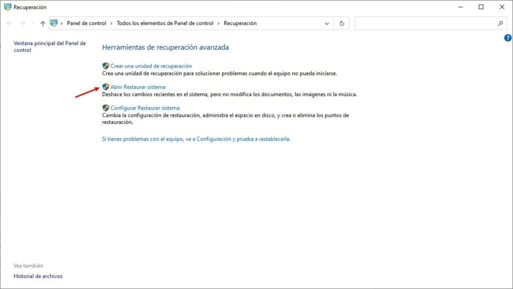 abrir restaurar el sistema