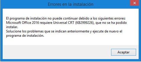 office 2016 requiere universal crt