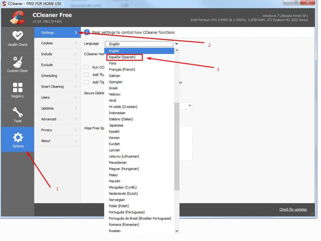 cambiar idioma a ccleaner