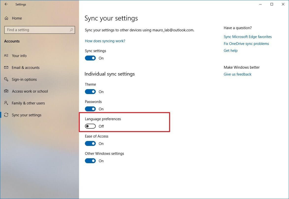 Windows 10 disable language sync option