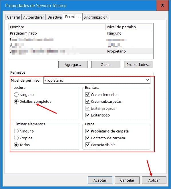 permisos carpeta compartida outlook