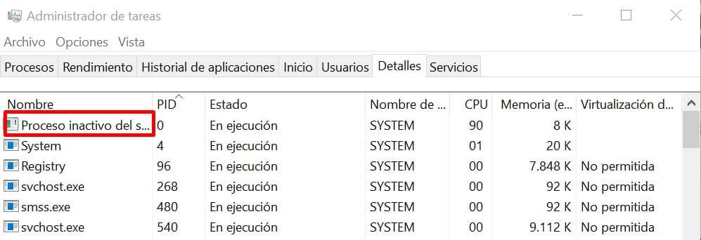 proceso inactivo del sistema en windows 10