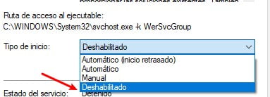 deshabilitar servicio de informe de errores de windows