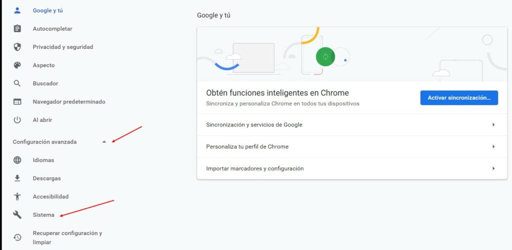 configuración avanzada sistema