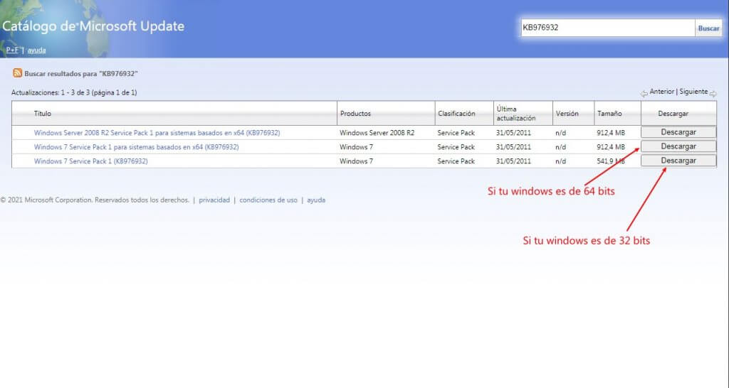 descargar service pack offline desde Windows Catalog