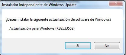 ¿Desea instalar la siguiente actualización de software? Actualización de Wondows kb2533552