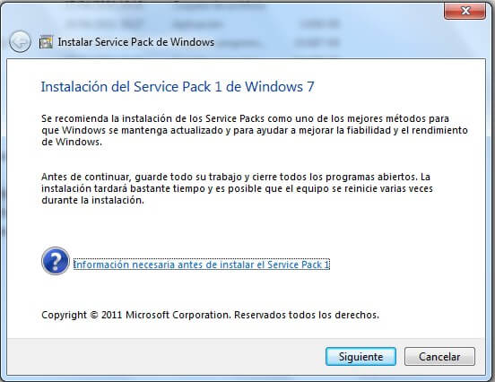 instalación de service pack para Windows 7