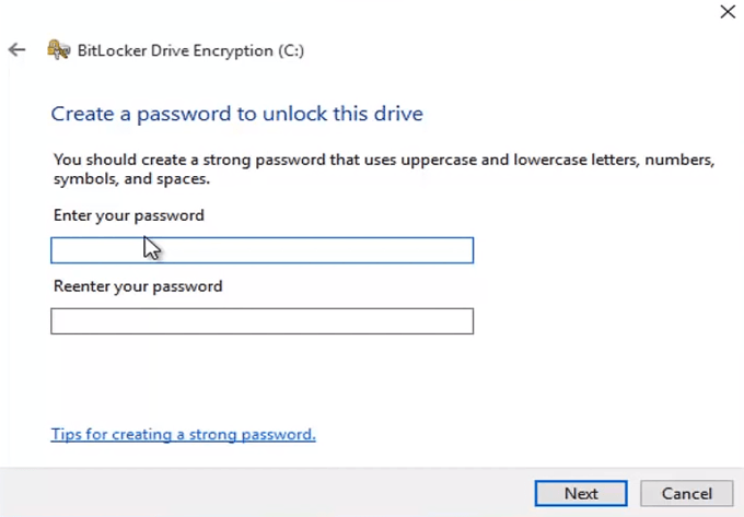 Imagen de la pantalla de configuración de contraseña de BitLocker