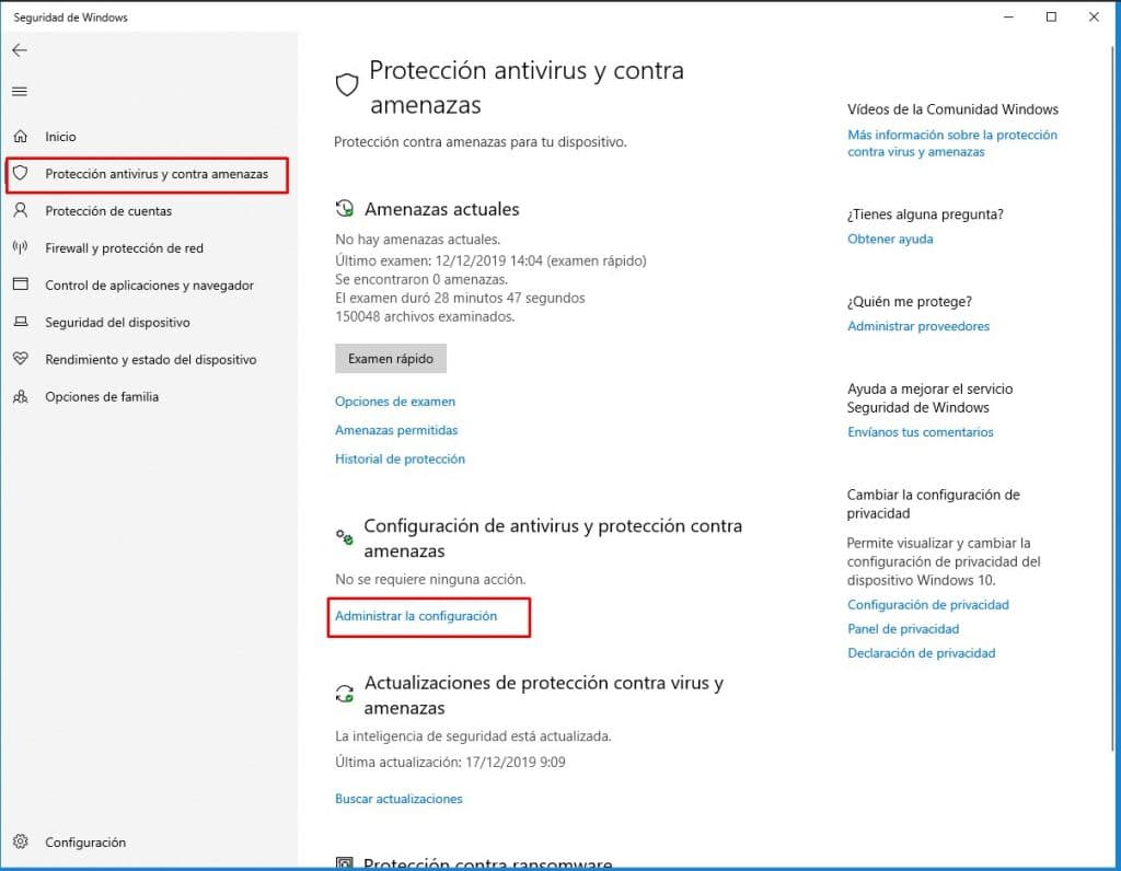 Administrar configuración de seguridad de windows