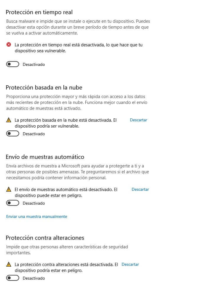 opciones desactivar Windows defender