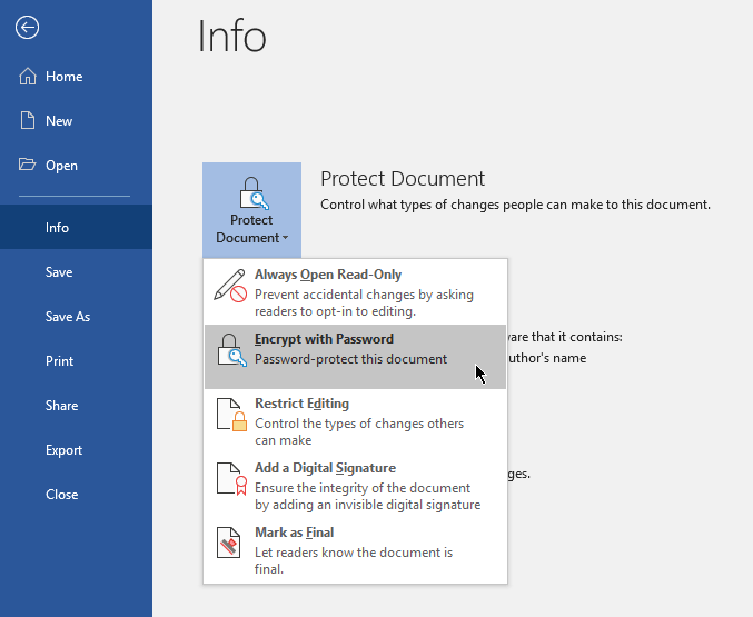 Imagen de la interfaz de Microsoft Word mostrando la opción de cifrado