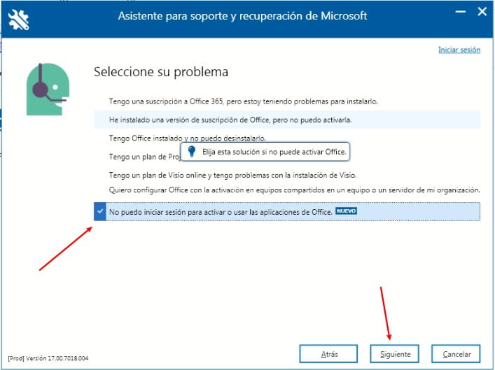 seleccionar problema de activacion