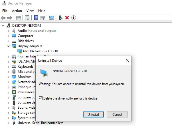 Imagen mostrando cómo desinstalar el controlador de NVIDIA.