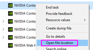 Imagen que muestra el menú contextual del proceso Contenedor de NVIDIA.