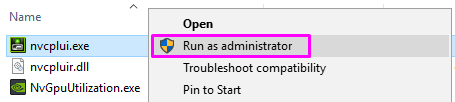 Imagen que muestra cómo ejecutar nvcplui.exe como administrador.