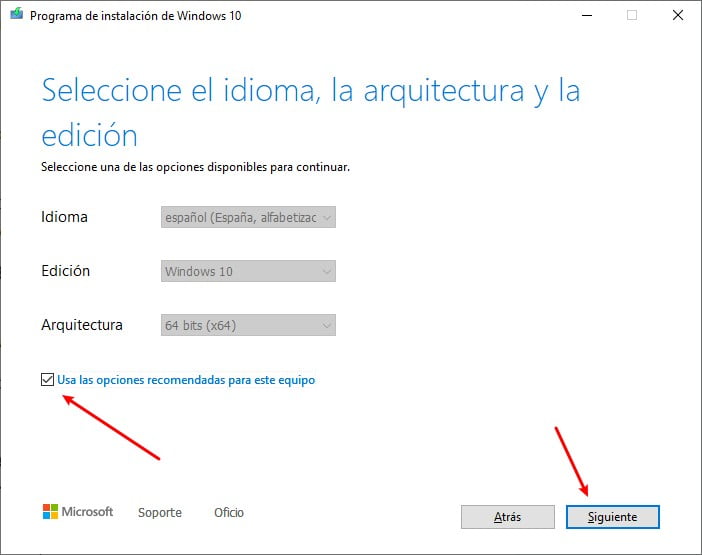configuración recomendada