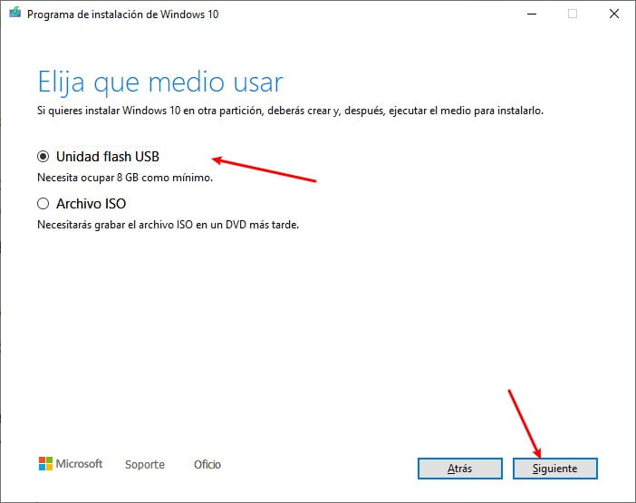 seleccionar guardar windows 10 en un usb