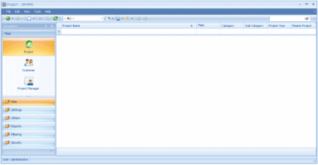 Interfaz de AMBEDSoft Project Management System mostrando opciones de gestión.