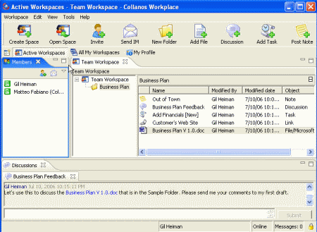 Captura de pantalla de Collanos Workplace mostrando la colaboración en equipo.