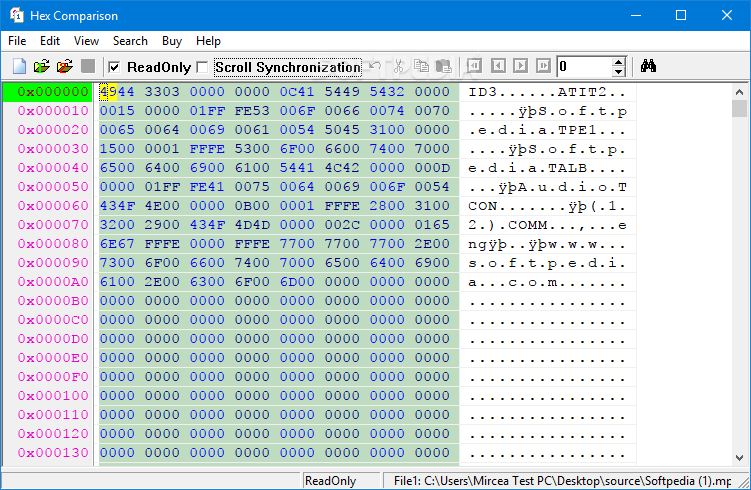 Hex Comparison, editor y comparador hexadecimal