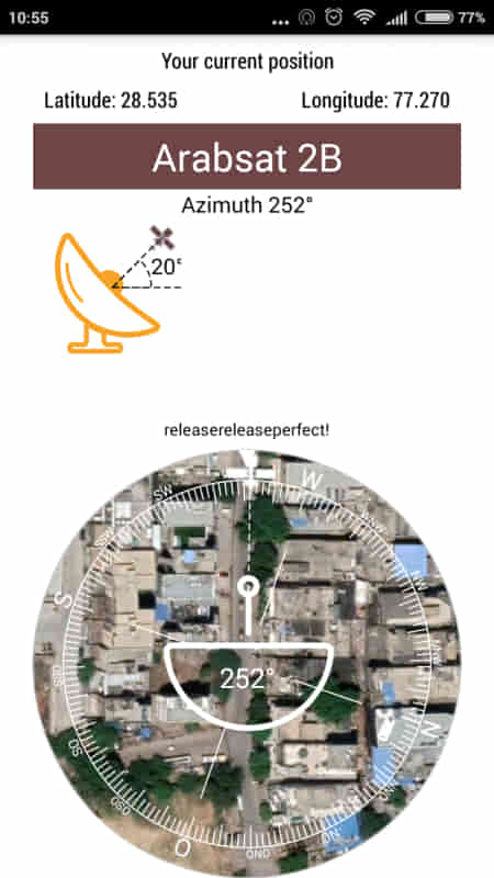 Captura de pantalla de la aplicación Satellite Finder de Solitairetech