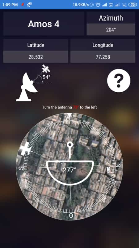 Captura de pantalla de la aplicación Buscador de satélites “SatFinder” PRO
