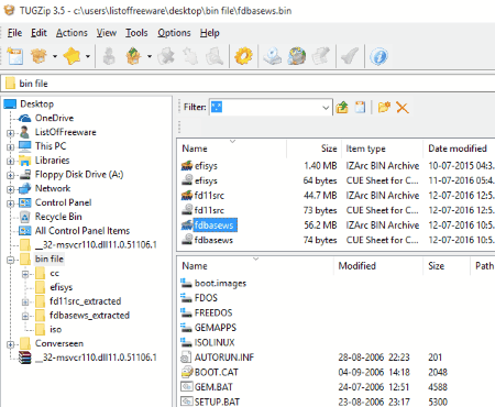 TUGZip, software para archivos bin